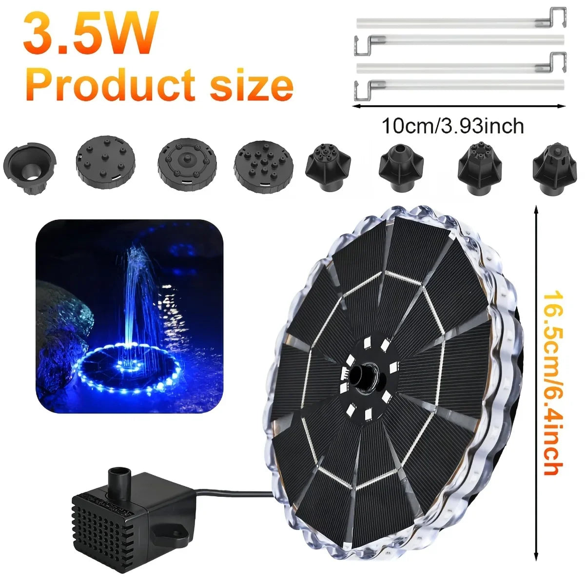 solar floating fountain pump-7 nozzles & color led lights