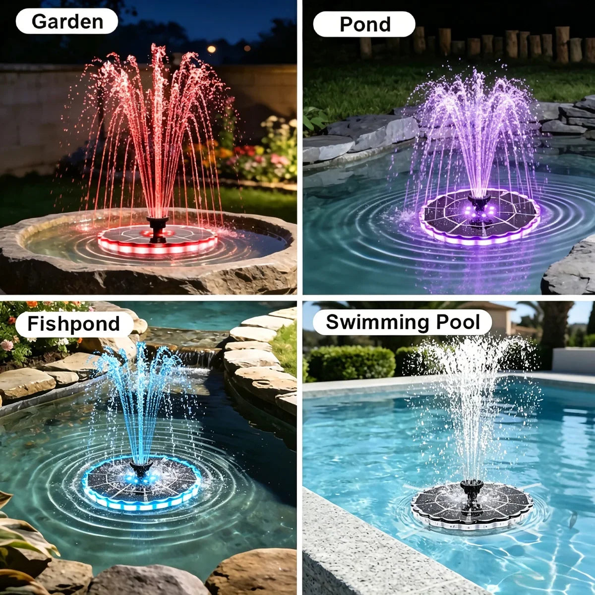 solar floating fountain pump-7 nozzles & color led lights